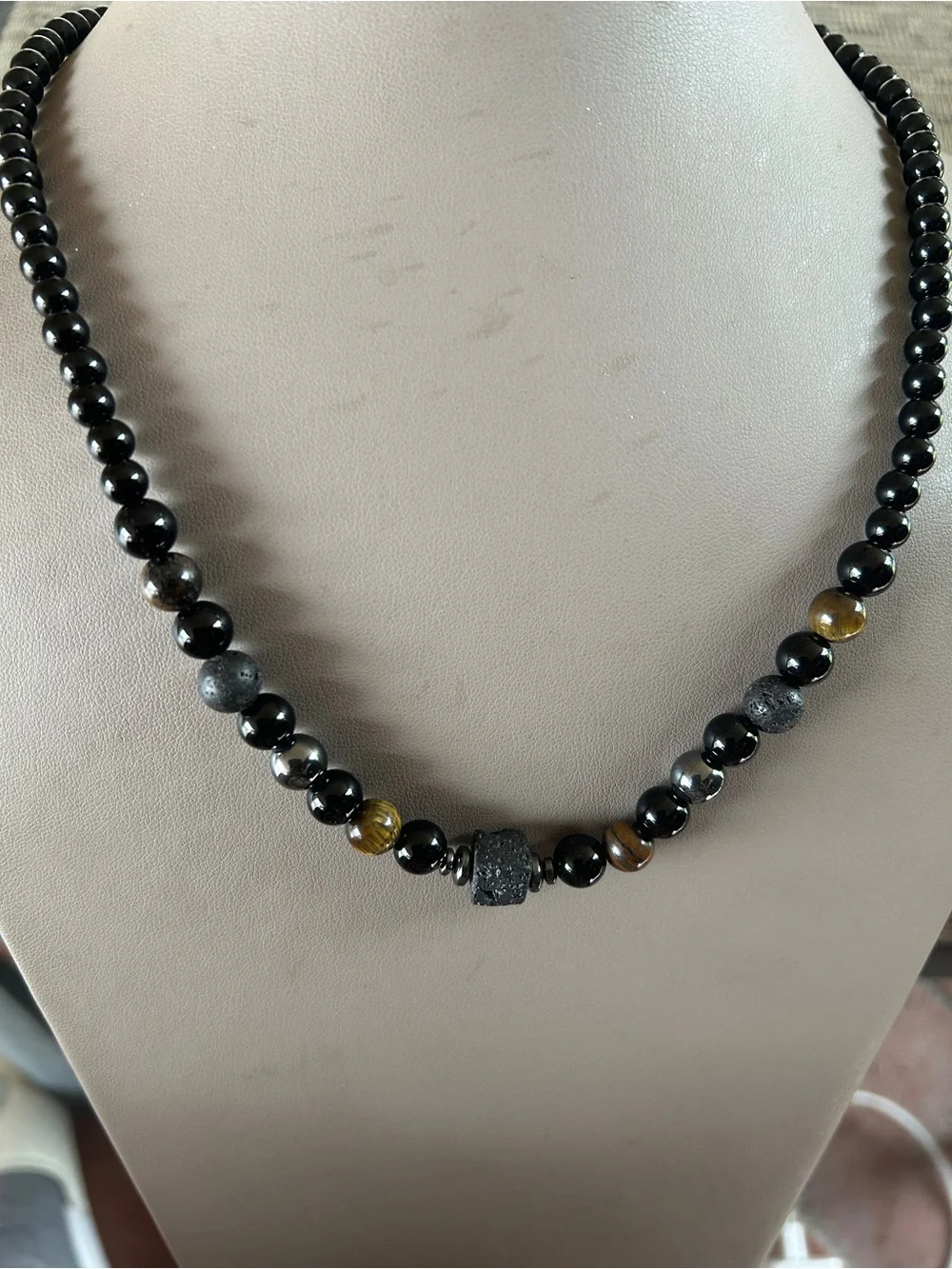 Men's Beaded Necklace in Black and Brown with Matte Accent Bead